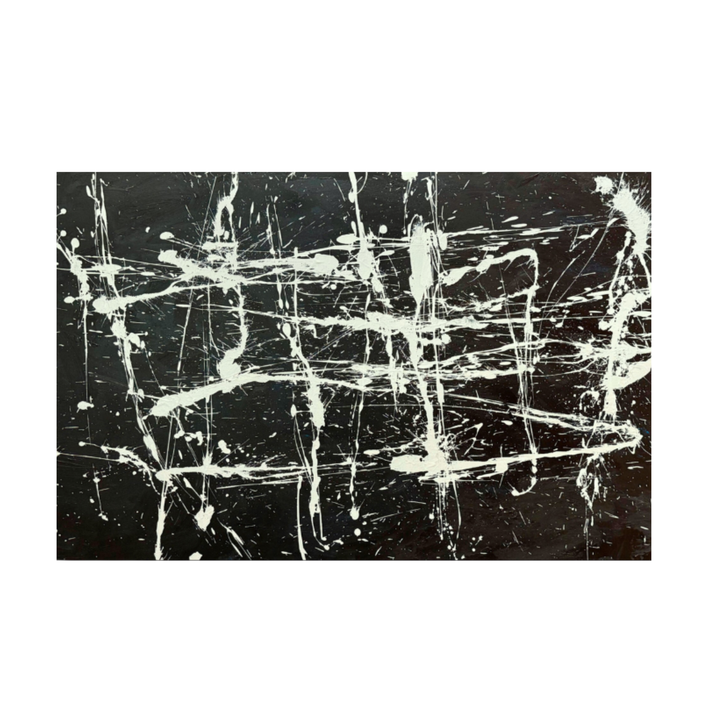 Pollock-inspired black canvas with white grid-like drip splatters, hand-painted abstract wall art