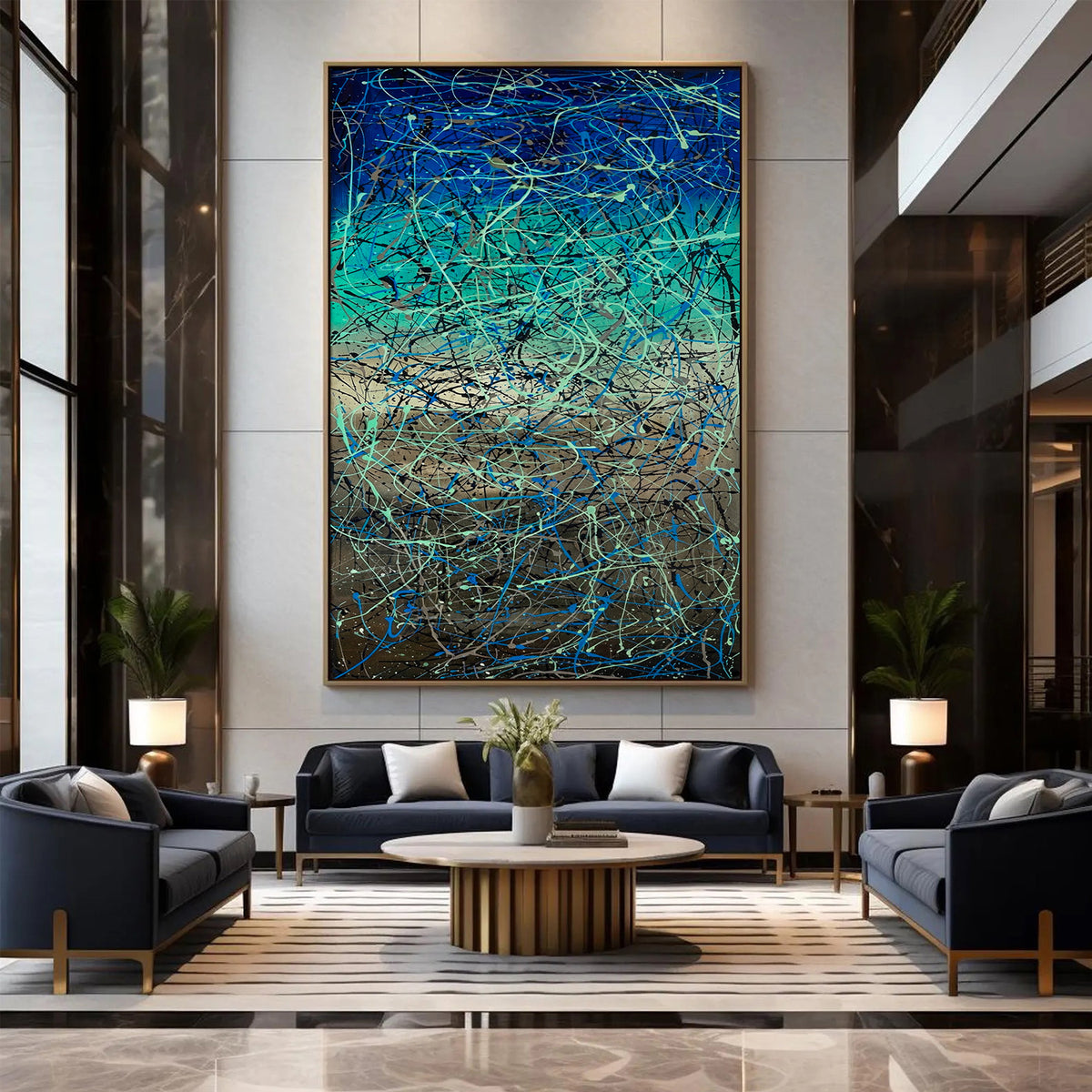 Pollock-inspired blue and teal abstract painting with black and grey layered lines.