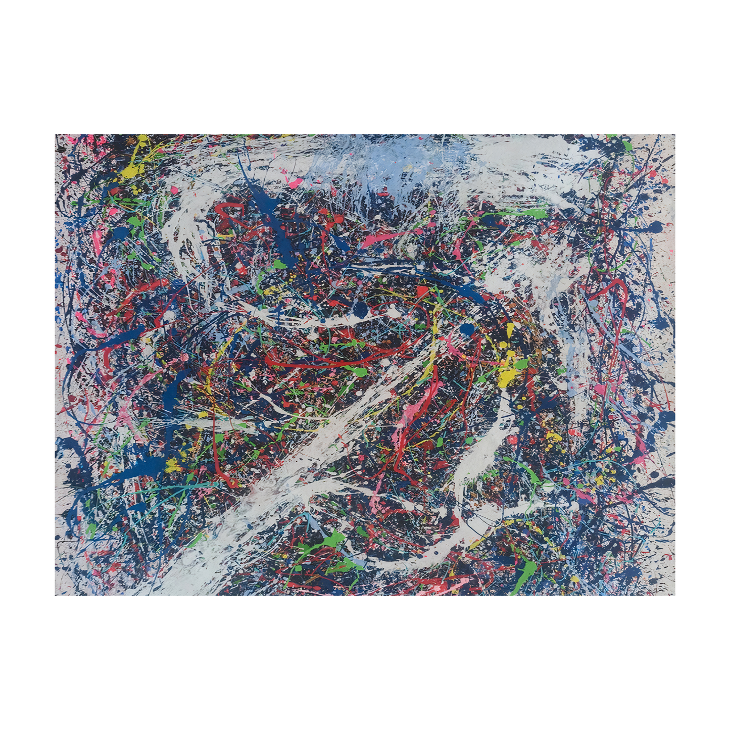 Pollock-inspired colorful drip abstract canvas with blue and white swirls, hand-painted wall art