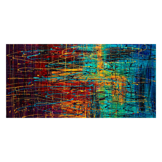 Pollock-inspired colourful abstract canvas with red, teal and golden linear paint marks.