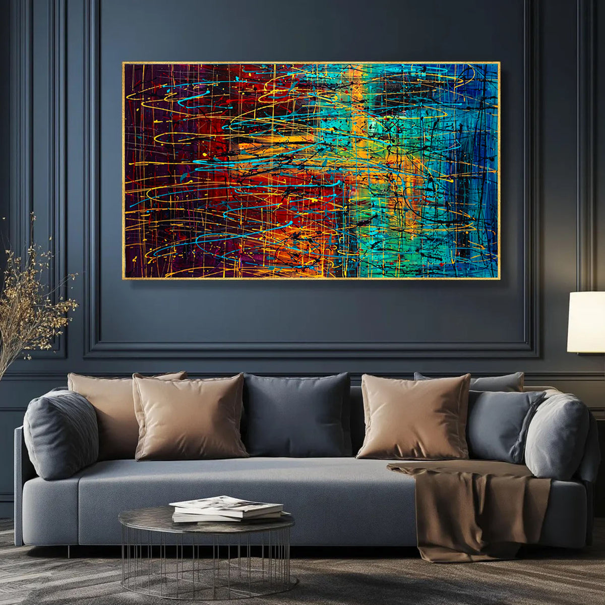 Pollock-inspired colourful abstract canvas with red, teal and golden linear paint marks.