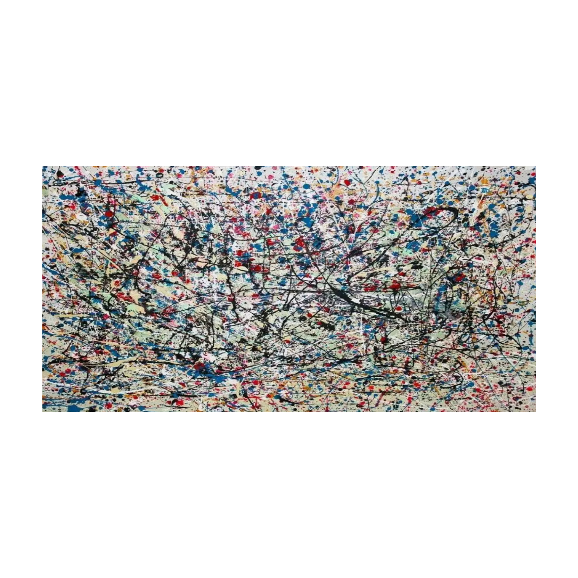 Pollock-inspired multicolor drip abstract canvas on a cream ground with black webs and blue, red, yellow accents, hand-painted wall art