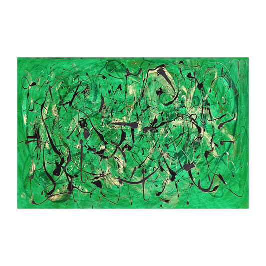 Pollock-inspired emerald green and black drip abstract canvas with soft gold highlights, hand-painted wall art