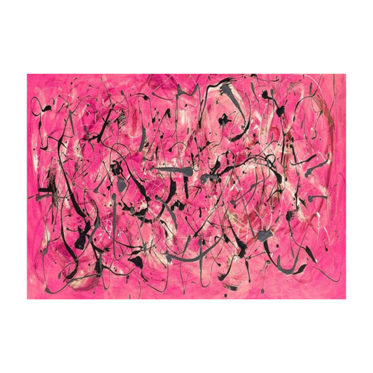 Pollock-inspired hot pink and black drip abstract canvas with soft white highlights, hand-painted wall art