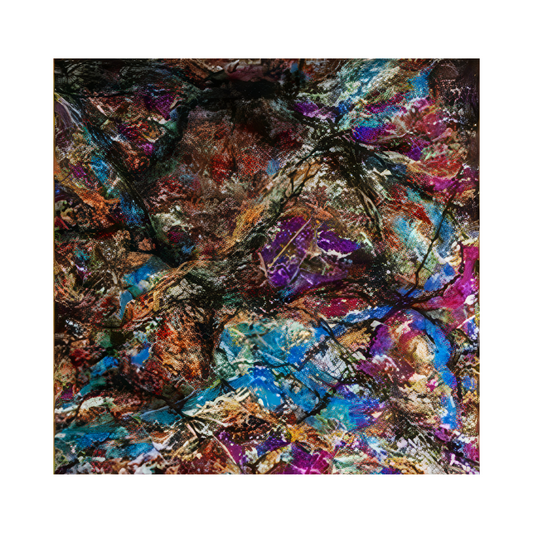 Pollock-inspired jewel-tone drip abstract canvas with black veining, sapphire, magenta, amethyst, teal and gold accents, hand-painted wall art