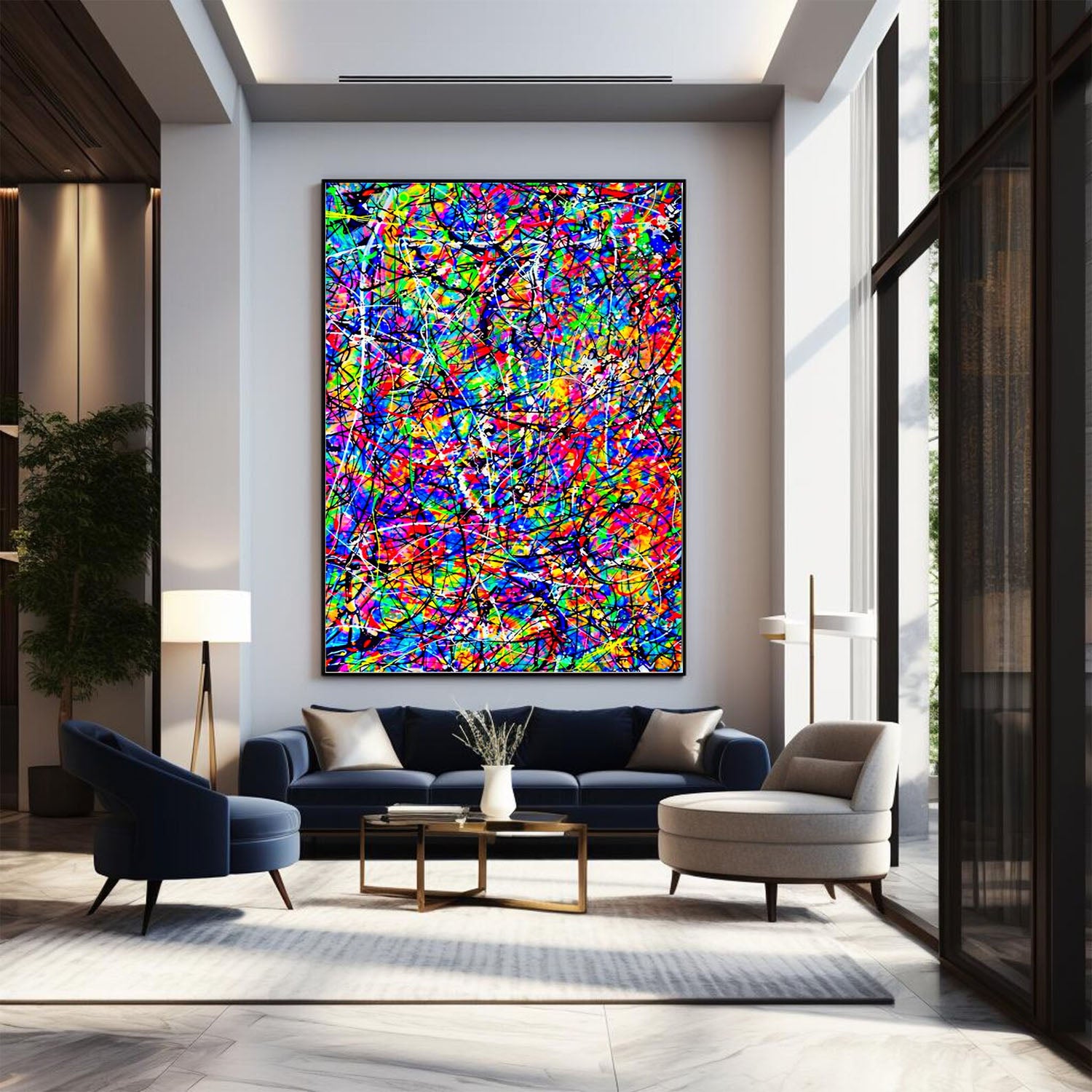 Vibrant multicolour abstract drip painting on canvas displayed in a modern living room interior