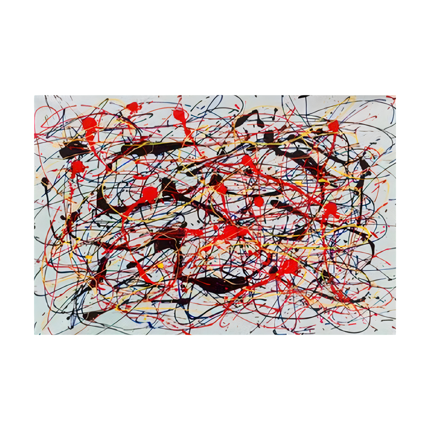 Pollock-inspired red, black and yellow drip abstract canvas with blue accents on a light background, hand-painted wall art