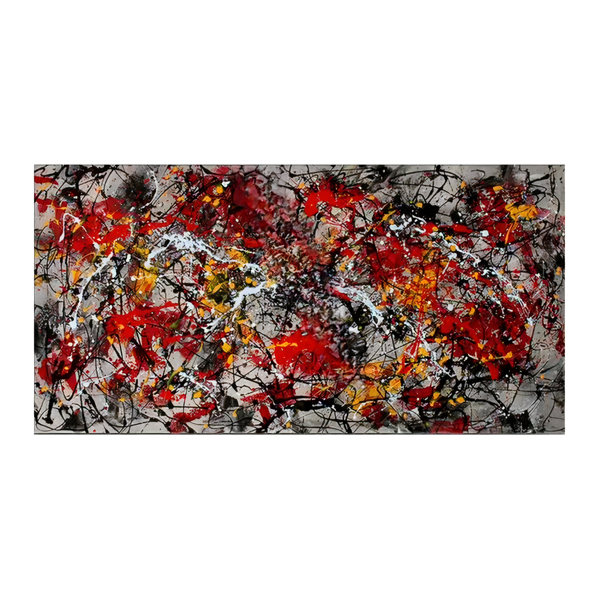 Pollock-inspired red and grey drip abstract canvas with black webs, gold accents and white flecks, hand-painted wall art