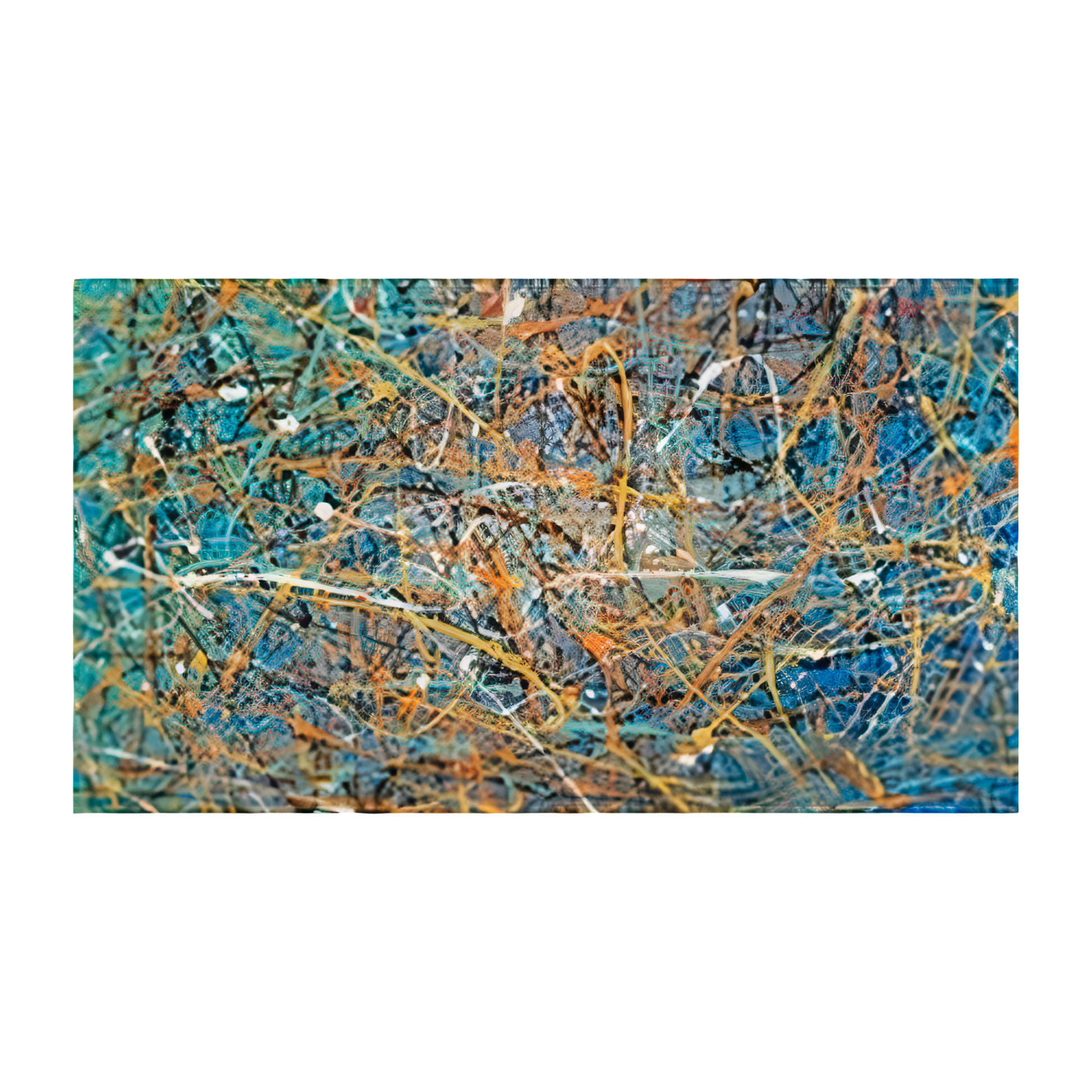 Pollock-inspired teal and copper drip abstract canvas with layered blues and cream highlights, hand-painted wall art
