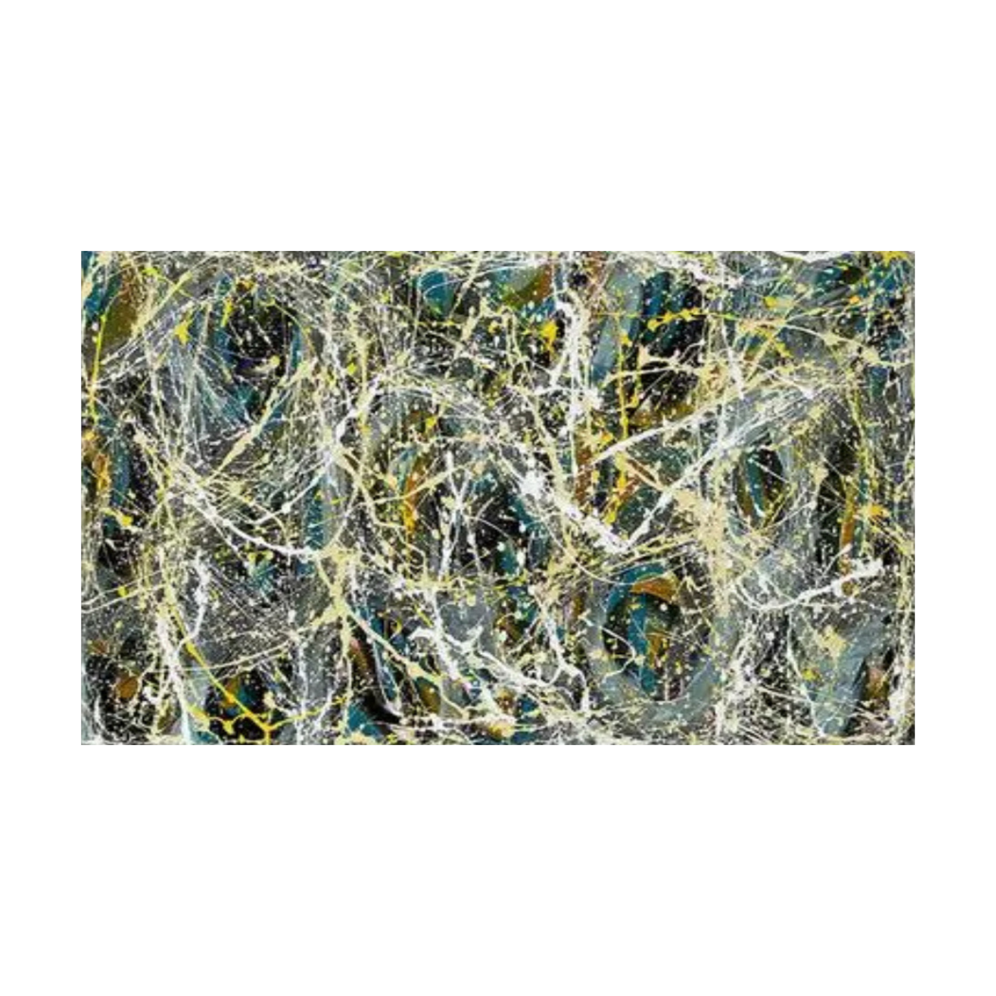 Pollock-inspired teal, grey and white drip abstract canvas with yellow highlights, hand-painted wall art