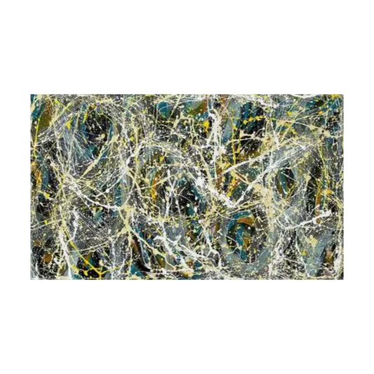 Pollock-inspired teal, grey and white drip abstract canvas with yellow highlights, hand-painted wall art