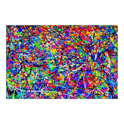 Vibrant multicolour abstract drip painting with dynamic splashes and layered lines in Pollock-inspired style on canvas