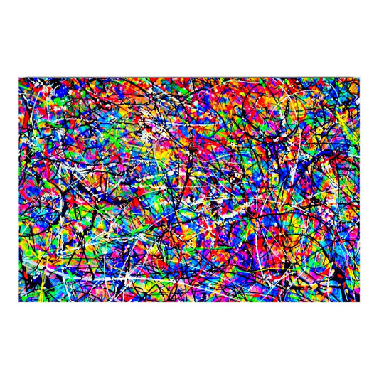 Vibrant multicolour abstract drip painting with dynamic splashes and layered lines in Pollock-inspired style on canvas