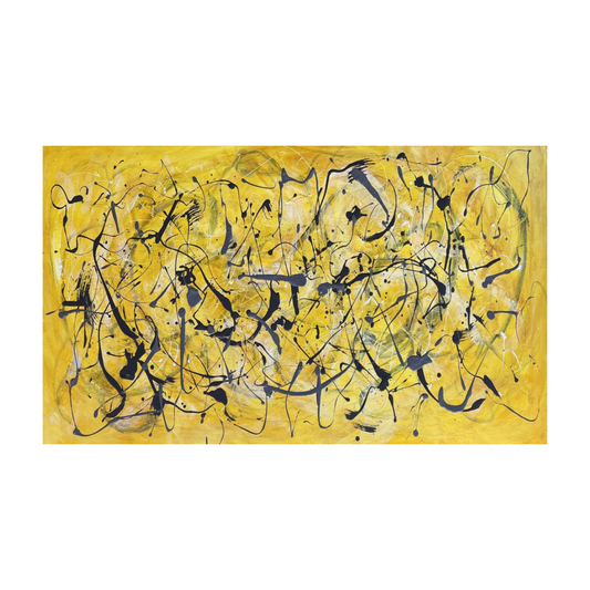 Pollock-inspired yellow and black drip abstract canvas with white and soft grey highlights, hand-painted wall art