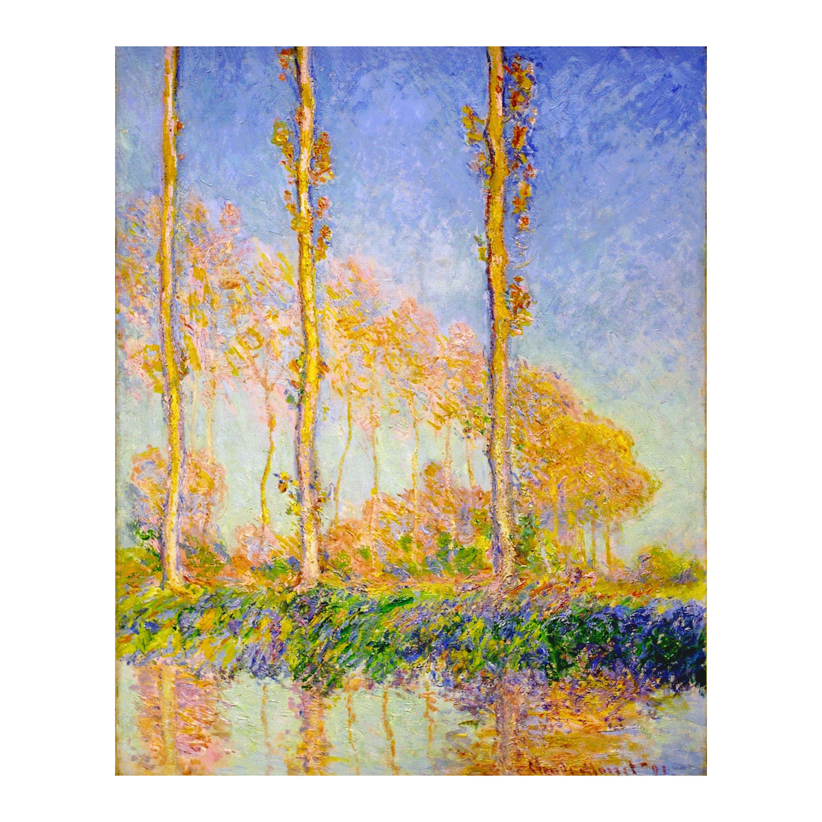 Hand-painted canvas featuring slender golden poplars reflected in water under a lavender-blue sky.