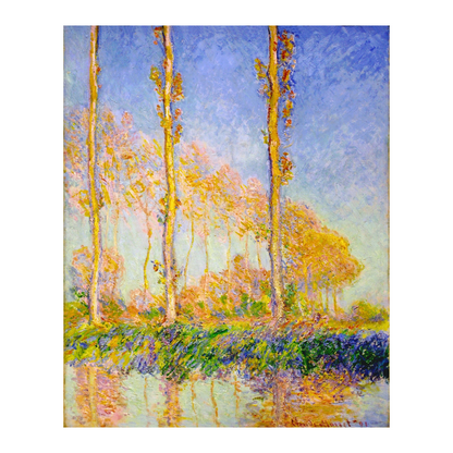 Hand-painted canvas featuring slender golden poplars reflected in water under a lavender-blue sky.