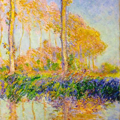Hand-painted canvas featuring slender golden poplars reflected in water under a lavender-blue sky.