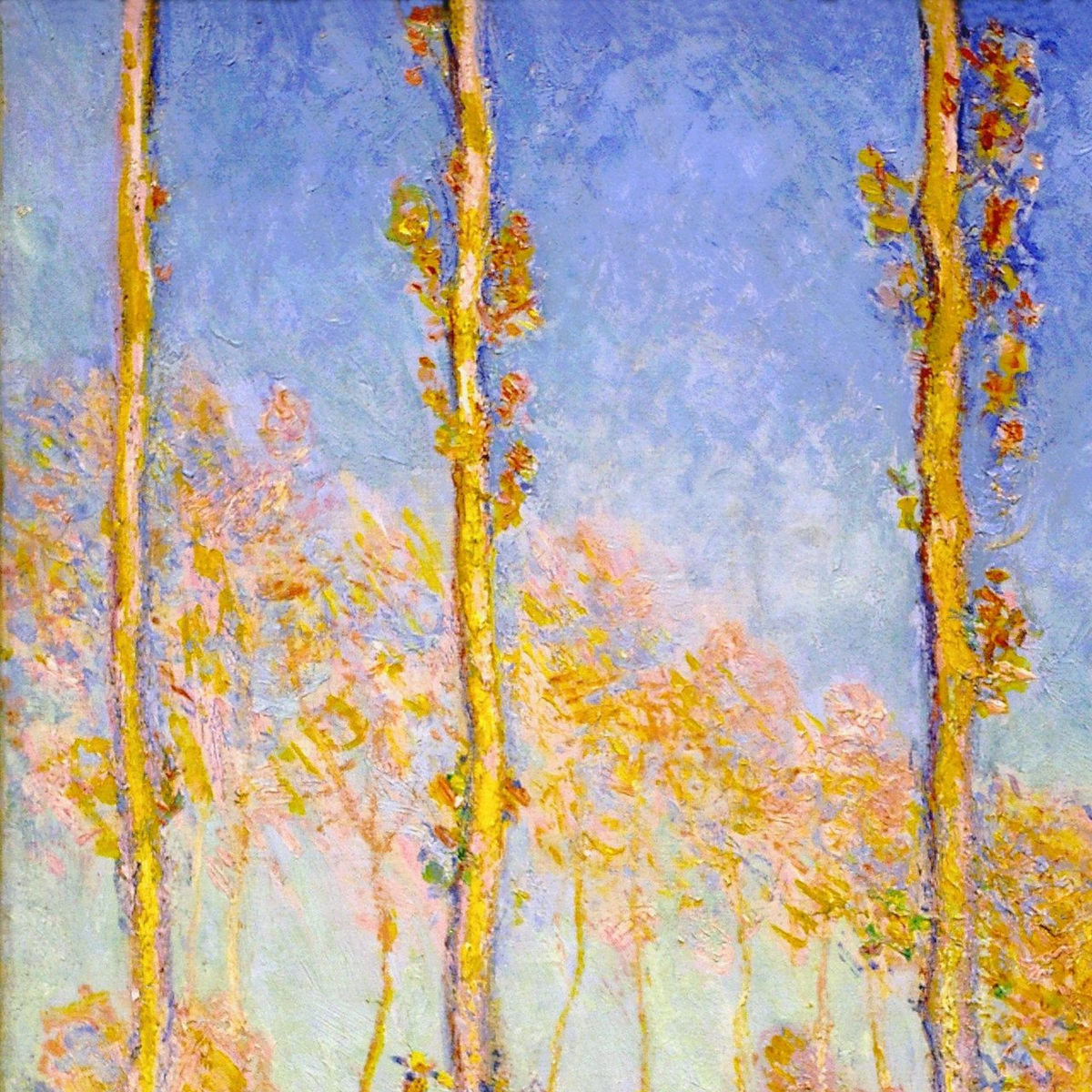 Hand-painted canvas featuring slender golden poplars reflected in water under a lavender-blue sky.