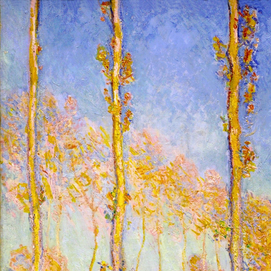 Hand-painted canvas featuring slender golden poplars reflected in water under a lavender-blue sky.