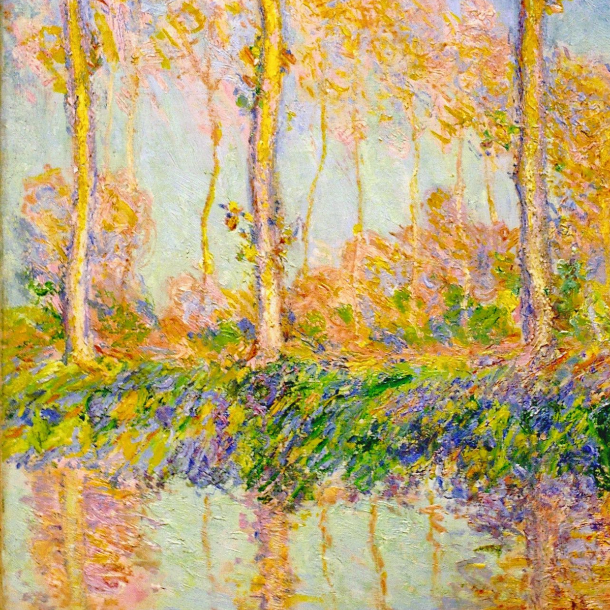 Hand-painted canvas featuring slender golden poplars reflected in water under a lavender-blue sky.