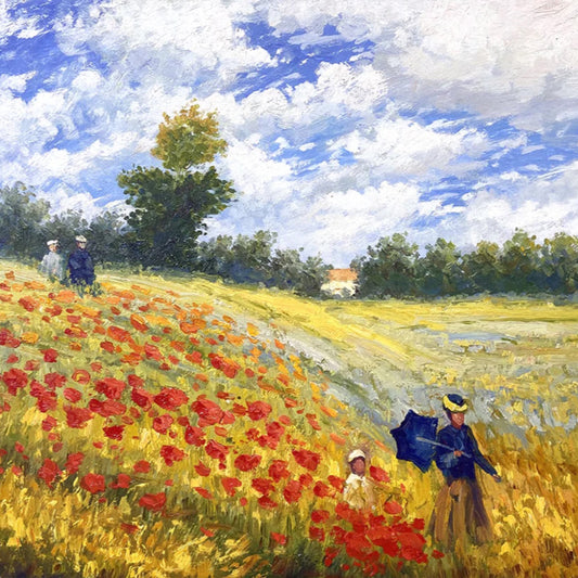 Hand-painted canvas featuring red poppies, golden grasses and strolling figures beneath a blue summer sky.