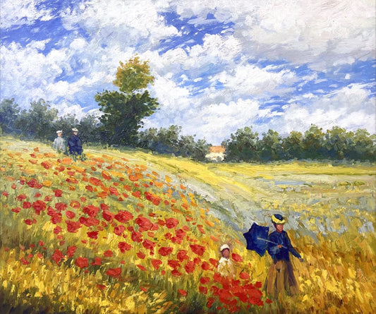 Hand-painted canvas featuring red poppies, golden grasses and strolling figures beneath a blue summer sky.