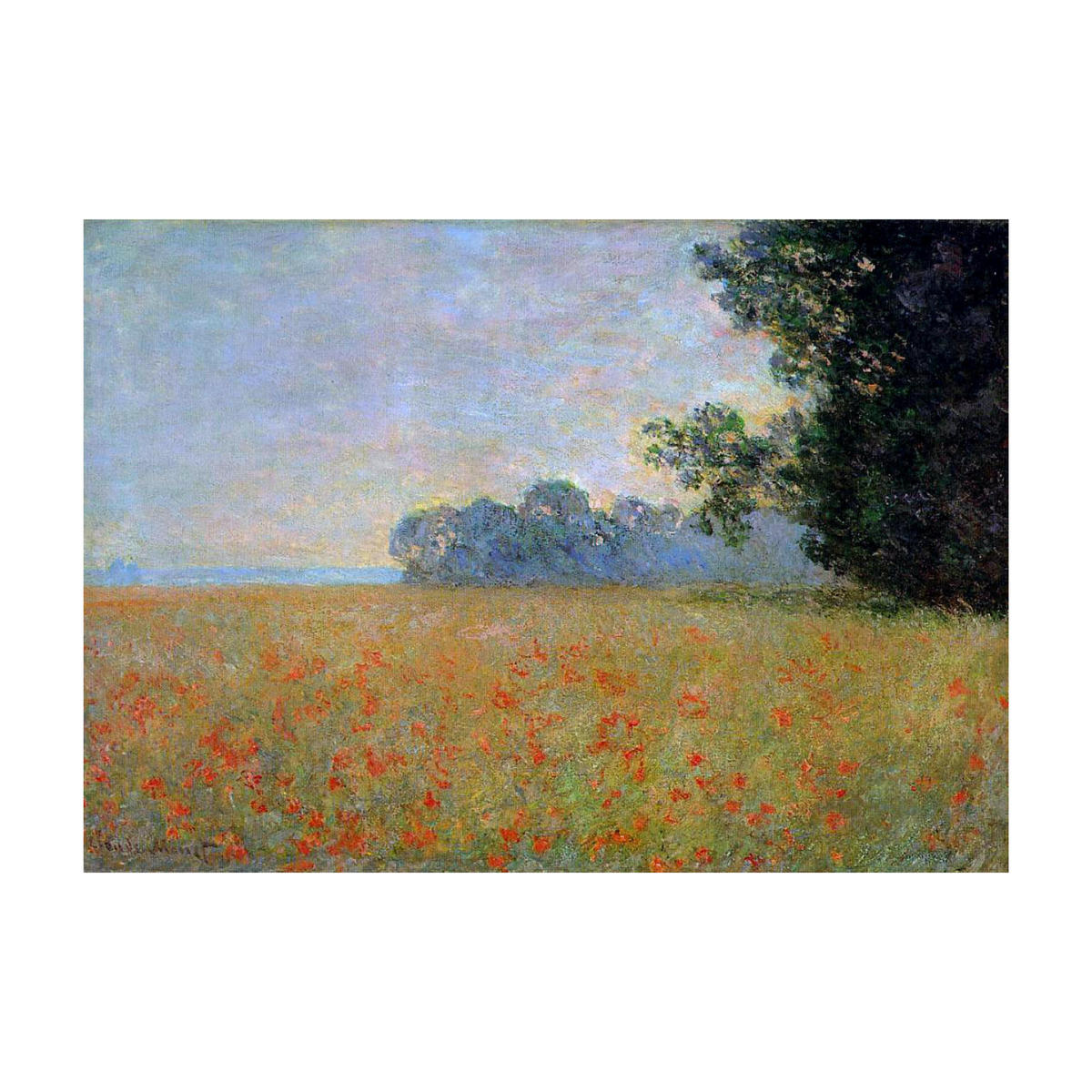 Hand-painted canvas featuring red poppies scattered through a green field beneath a pale blue sky.