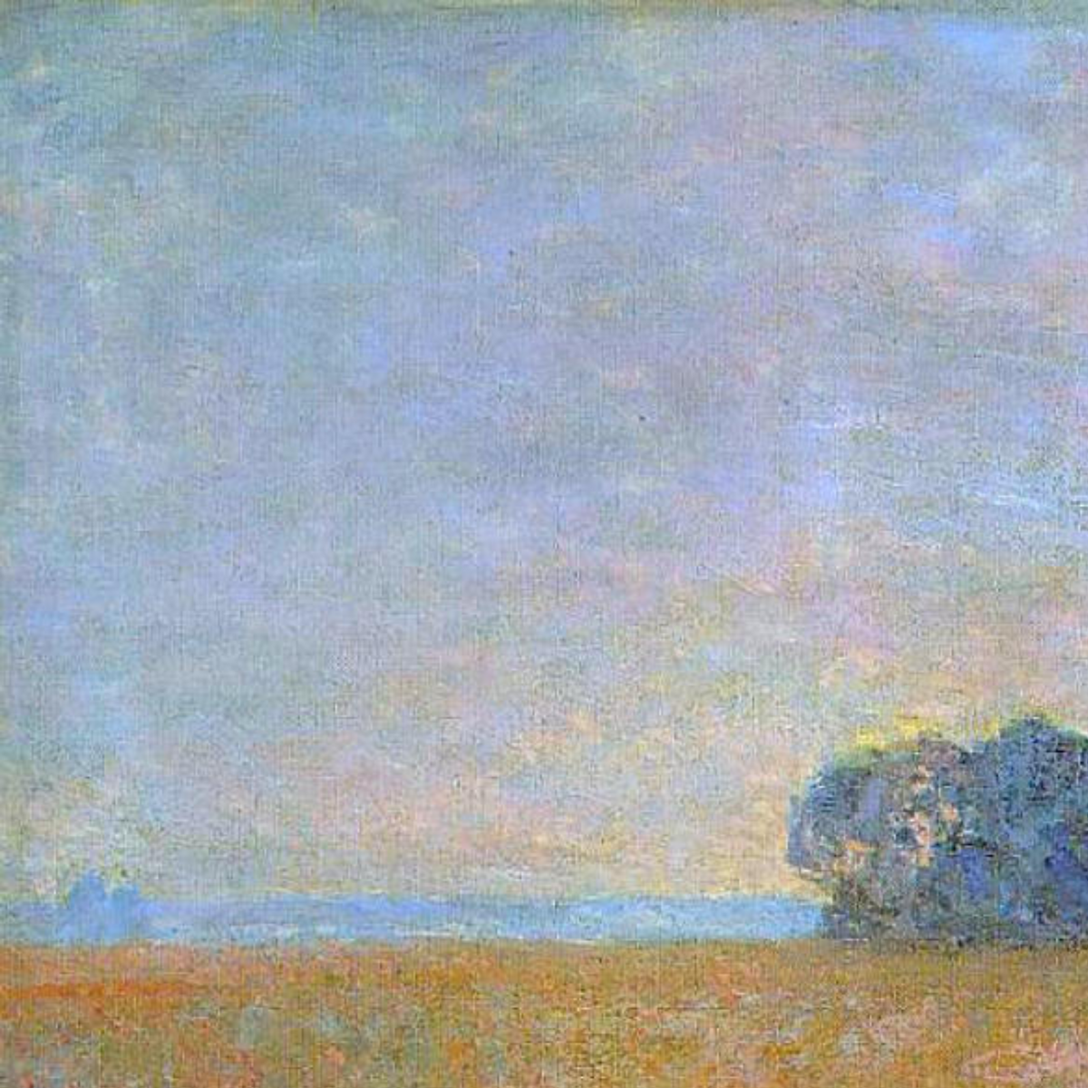 Hand-painted canvas featuring red poppies scattered through a green field beneath a pale blue sky.
