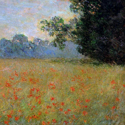 Hand-painted canvas featuring red poppies scattered through a green field beneath a pale blue sky.