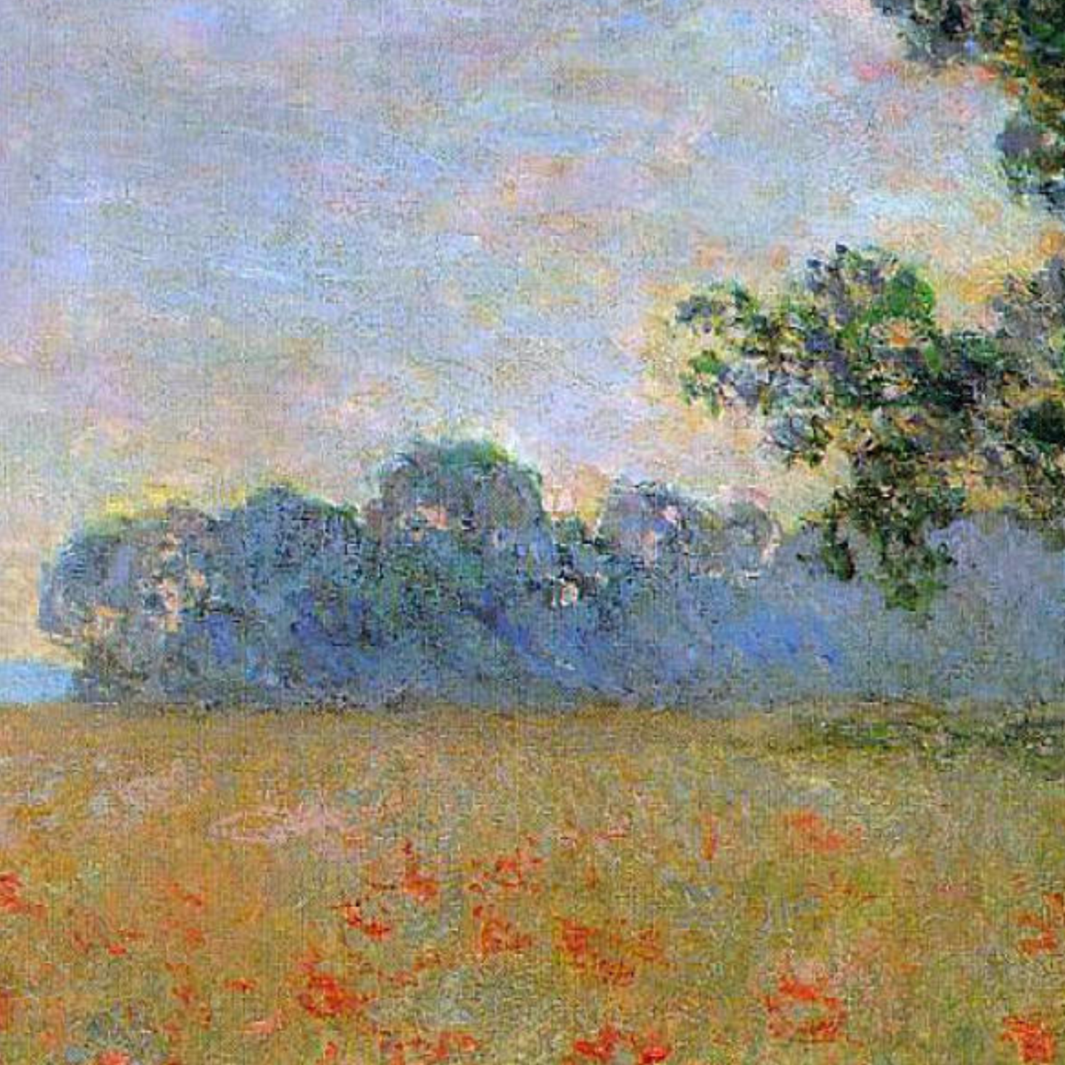 Hand-painted canvas featuring red poppies scattered through a green field beneath a pale blue sky.