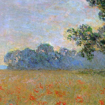 Hand-painted canvas featuring red poppies scattered through a green field beneath a pale blue sky.
