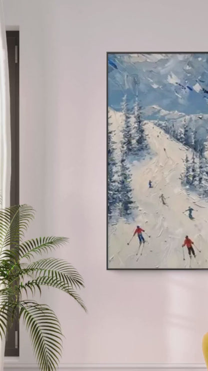 Modern Snowy Mountain Skiing Oil Painting Art