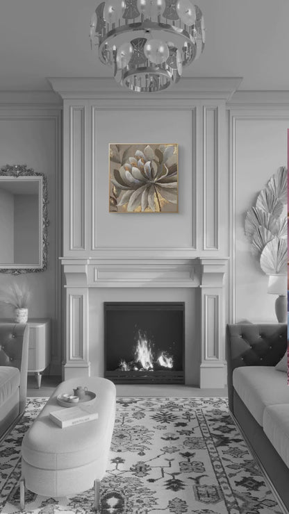 Contemporary Golden Grey Flower Abstract Painting