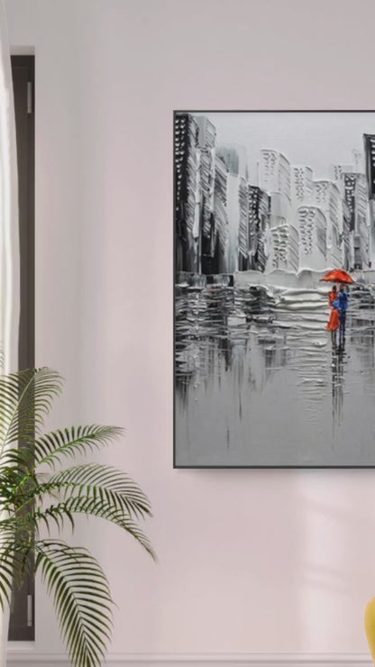 Walking Couple in Rain 100% Hand Painted Cityscape