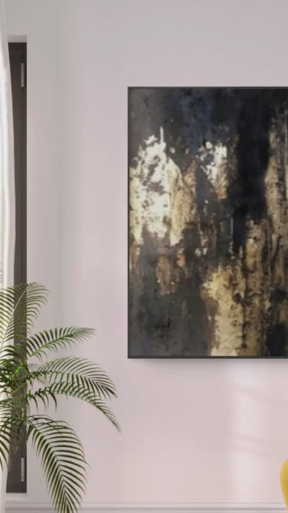 Vertical Black Gold Foil Abstract Expressionism Wall Painting