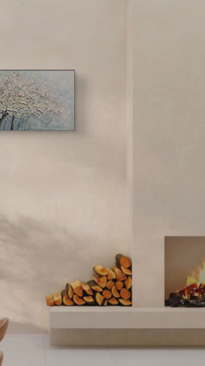 Pittura a olio dell'albero di fiori di ciliegio bianco strutturato 3D