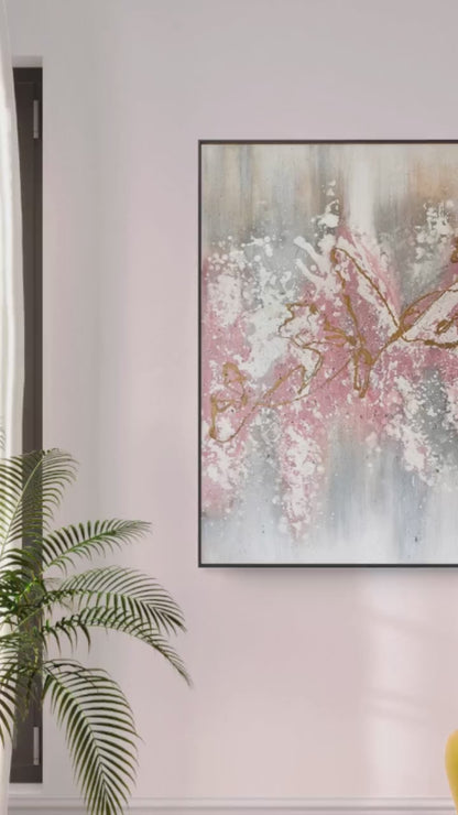 Golden Petals – Blush, Grey & Gold Hand-Painted Abstract Canvas