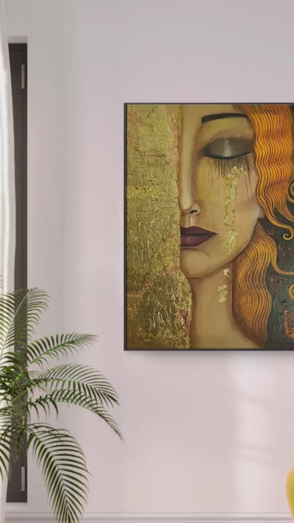 Whispers of Gold and Crimson – Hand-Painted Woman Portrait on Canvas