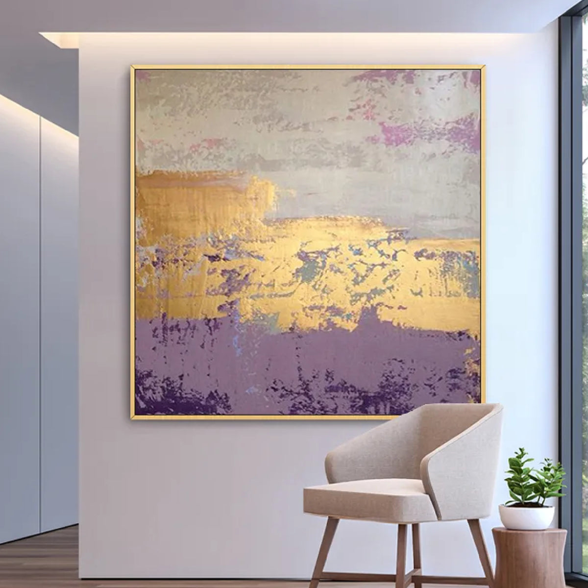 Room mockup. A broad gold-coloured band crosses pale grey above a muted purple lower field with rough scuffed texture.