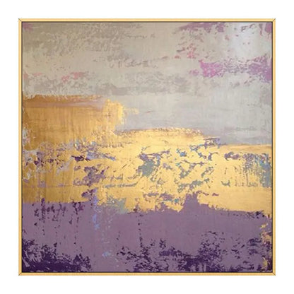 A broad gold-coloured band crosses pale grey above a muted purple lower field with rough scuffed texture.