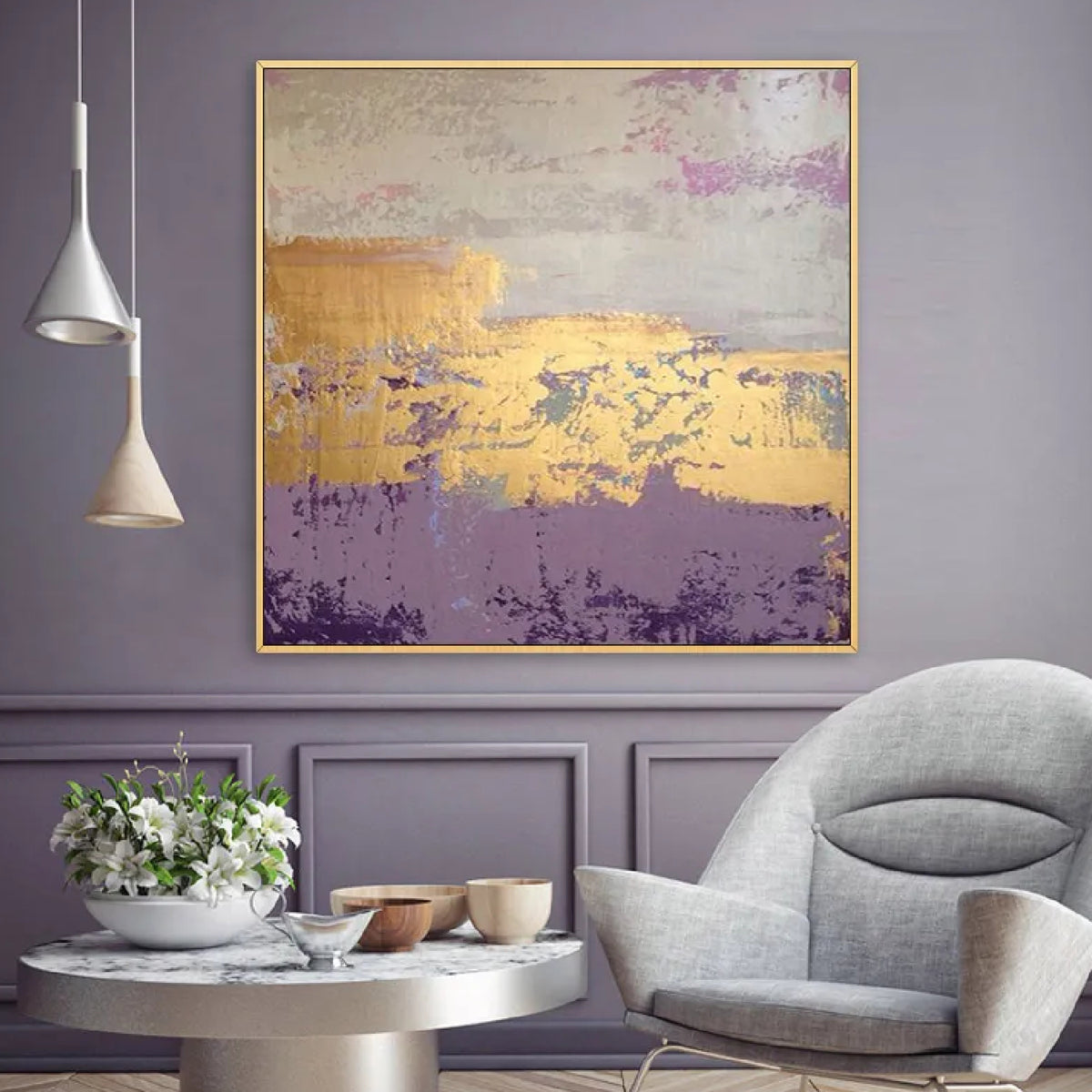 Room mockup. A broad gold-coloured band crosses pale grey above a muted purple lower field with rough scuffed texture.