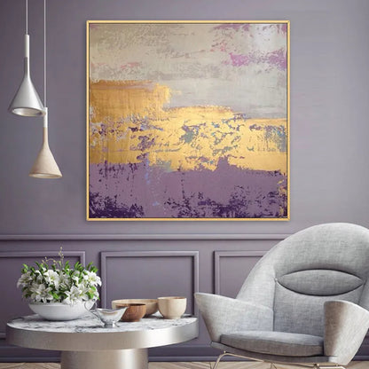 Room mockup. A broad gold-coloured band crosses pale grey above a muted purple lower field with rough scuffed texture.