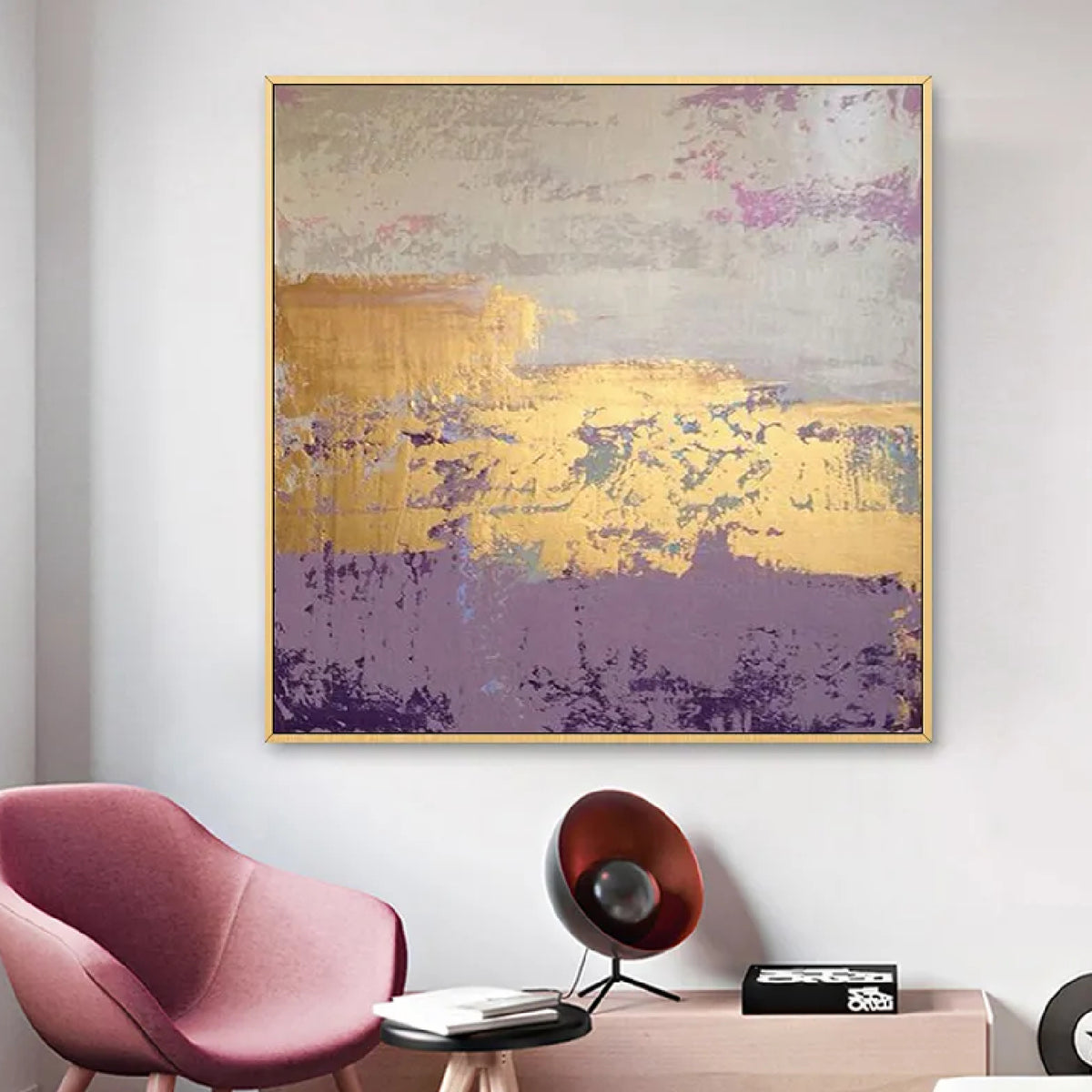 Room mockup. A broad gold-coloured band crosses pale grey above a muted purple lower field with rough scuffed texture.