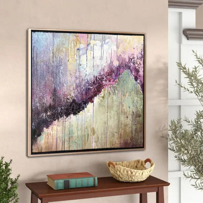 Room mockup. A dark purple diagonal band crosses pale blue, pink and green textured areas with fine vertical drips.