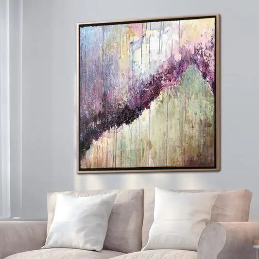 Room mockup. A dark purple diagonal band crosses pale blue, pink and green textured areas with fine vertical drips.