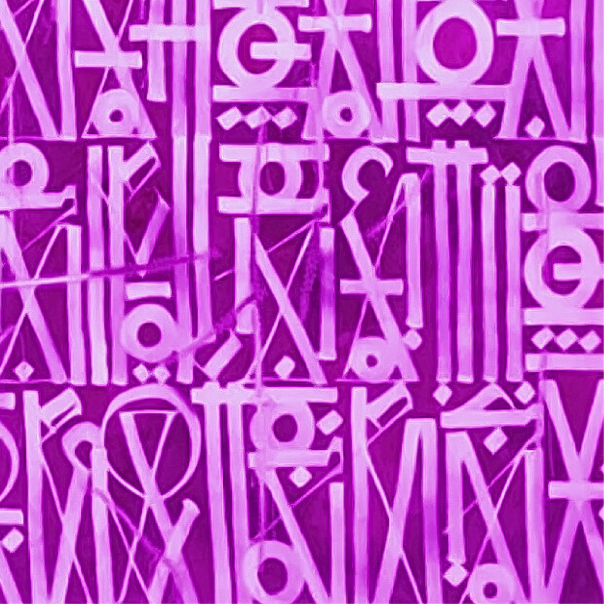 Close-up of lavender geometric symbols and stylised letterforms in dense rows on a vivid purple background.