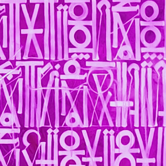 Close-up of lavender geometric symbols and stylised letterforms in dense rows on a vivid purple background.