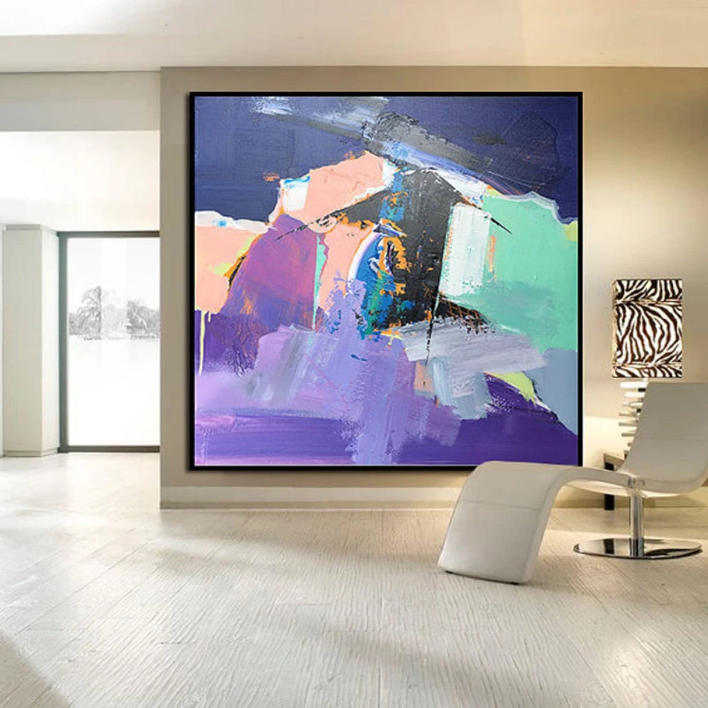 Room mockup showing purple, mint green and peach blocks with dark navy upper areas and scattered gold-coloured marks.