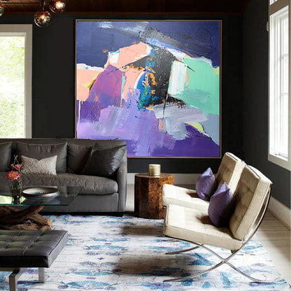 Room mockup showing purple, mint green and peach blocks with dark navy upper areas and scattered gold-coloured marks.