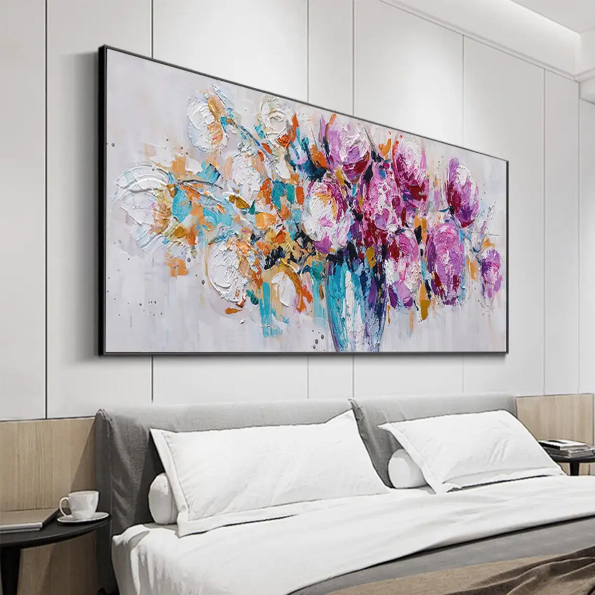 Room mockup showing expressive purple and magenta blossoms with orange sprigs and turquoise marks in a blue-toned vase against pale grey.